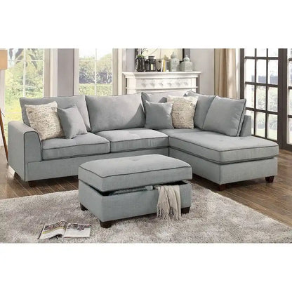 Bobkona Polyfabric Reversible Chaise Sectional with Storage Ottoman set.