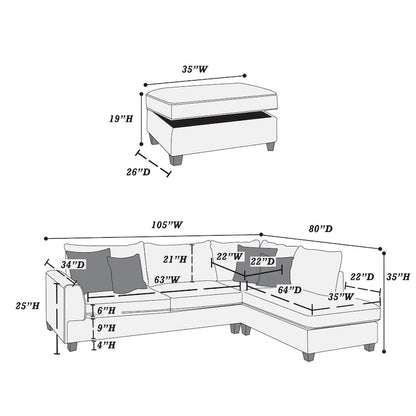 Bobkona Polyfabric Reversible Chaise Sectional with Storage Ottoman set.