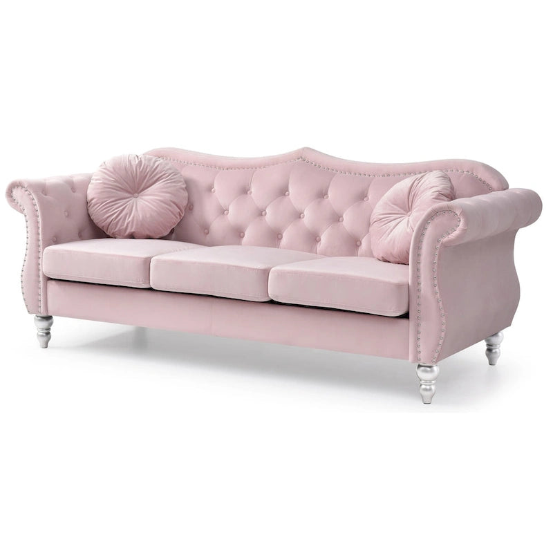 Hollywood 82 in. Velvet Chesterfield 3-Seater Sofa with 2-Throw Pillow - 82L x 35W x 34H