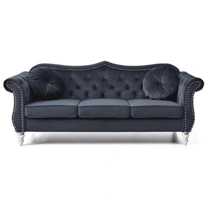 Hollywood 82 in. Velvet Chesterfield 3-Seater Sofa with 2-Throw Pillow - 82L x 35W x 34H