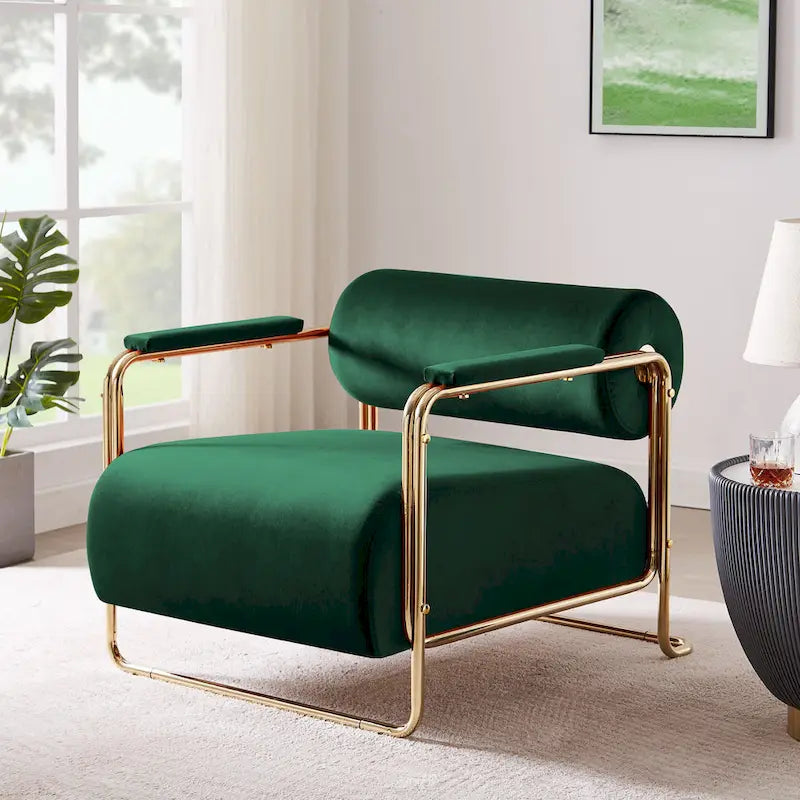 VANOMi 31 Wide Futuristic Velvet Armchair With Glossy Gold Frame Cylindrical Backrest