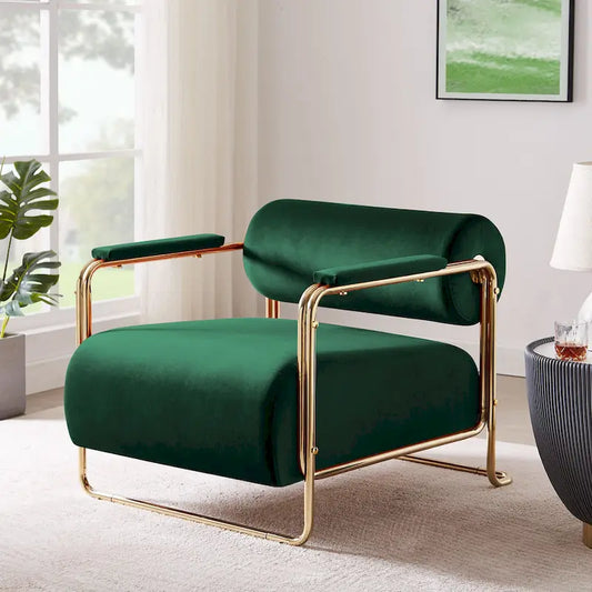 VANOMi 31 Wide Futuristic Velvet Armchair With Glossy Gold Frame Cylindrical Backrest