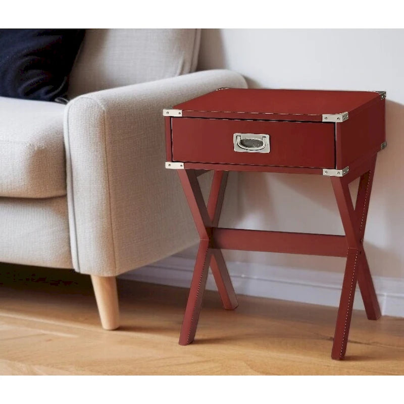 HomeRoots 24 Red Wood Cross Legs End Table With Drawer - 18 W x 16 D x 24 H