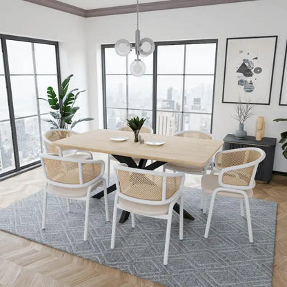 Ervilla Modern Stylish Side Chair with Rattan Back and White Steel Legs for Dining Room & Kitchen, Set of 2