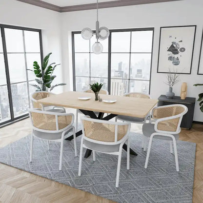 Ervilla Modern Stylish Side Chair with Rattan Back and White Steel Legs for Dining Room & Kitchen, Set of 2