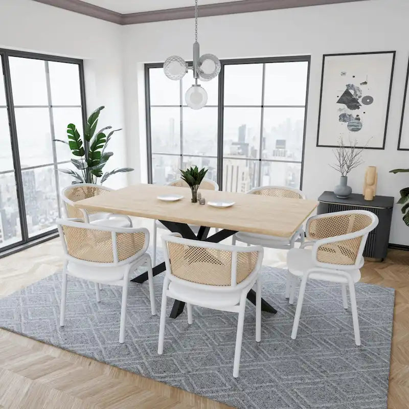 Ervilla Modern Stylish Side Chair with Rattan Back and White Steel Legs for Dining Room & Kitchen, Set of 2