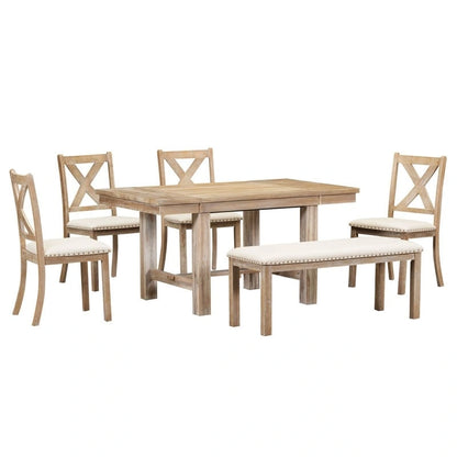 6-Piece Dining Kitchen Table Set, Extendable Wood Dining Table, 4 Upholstered Dining Chairs and Bench, Two 11 Removable Leaf