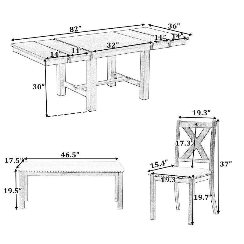 6-Piece Dining Kitchen Table Set, Extendable Wood Dining Table, 4 Upholstered Dining Chairs and Bench, Two 11 Removable Leaf