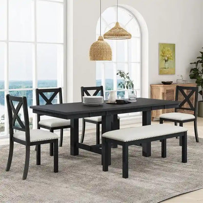 6-Piece Dining Kitchen Table Set, Extendable Wood Dining Table, 4 Upholstered Dining Chairs and Bench, Two 11 Removable Leaf