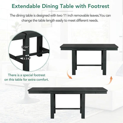6-Piece Dining Kitchen Table Set, Extendable Wood Dining Table, 4 Upholstered Dining Chairs and Bench, Two 11 Removable Leaf