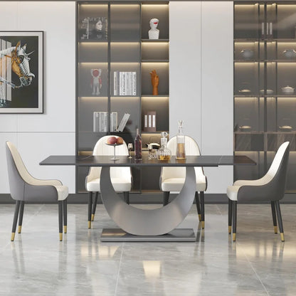 79 Marble Dining Table for 10, Modern Rectangle Kitchen Table with U Shape Pedestal Base