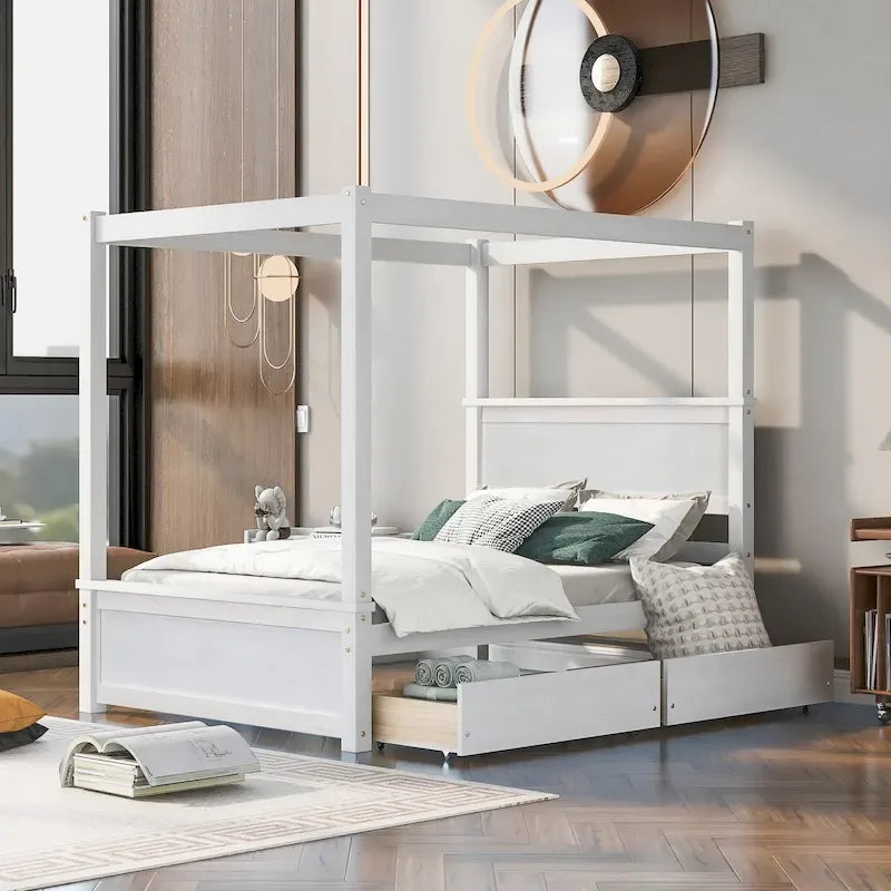 Full Size Wood Canopy Bed with two Drawers