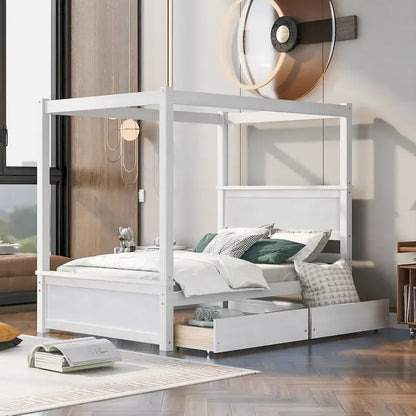 Full Size Wood Canopy Bed with two Drawers