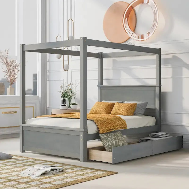 Full Size Wood Canopy Bed with two Drawers