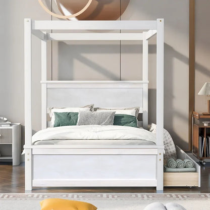 Full Size Wood Canopy Bed with two Drawers