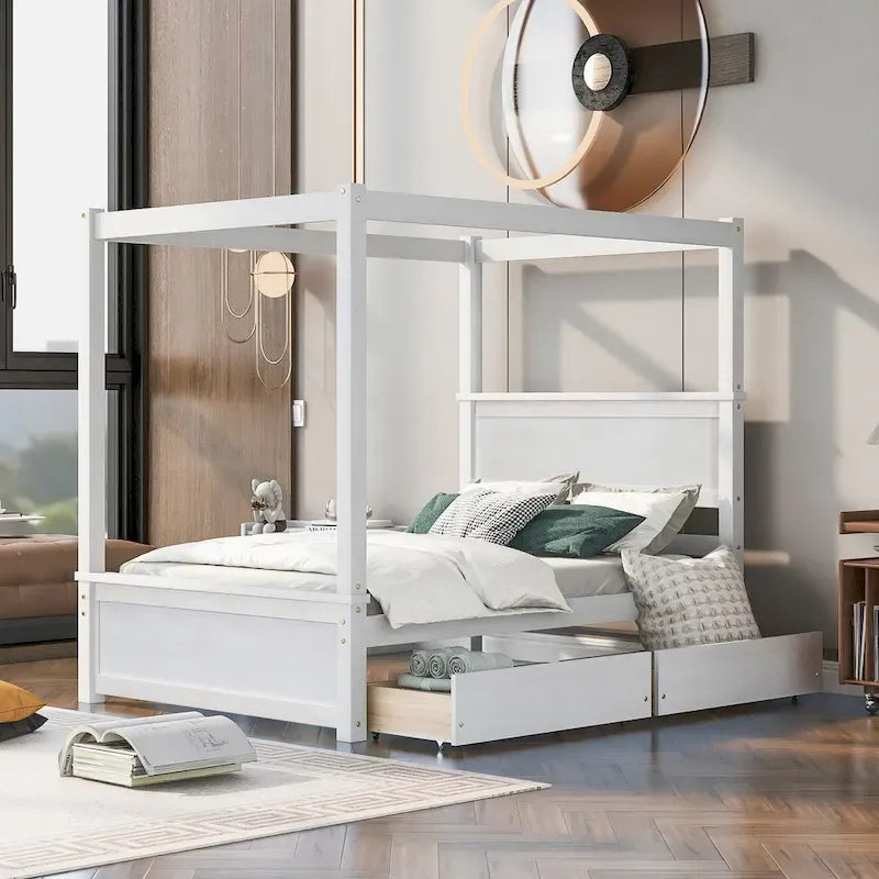 Full Size Wood Canopy Bed with two Drawers