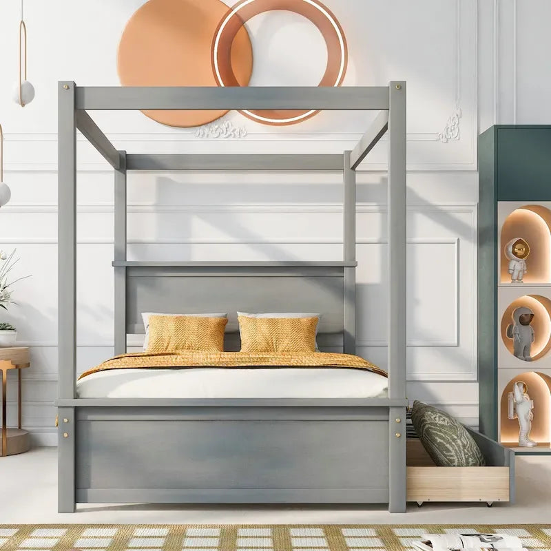Full Size Wood Canopy Bed with two Drawers