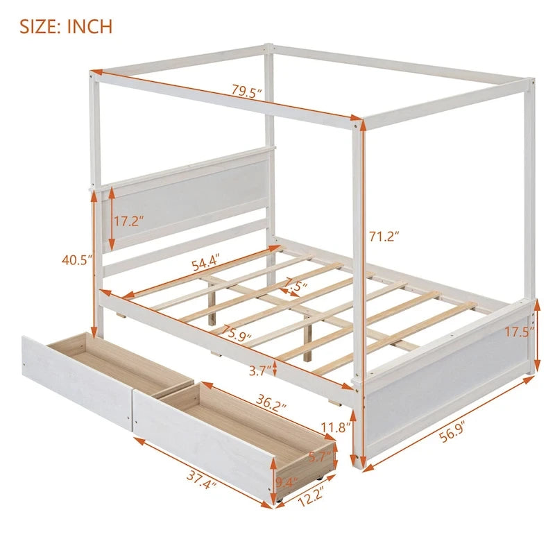 Full Size Wood Canopy Bed with two Drawers