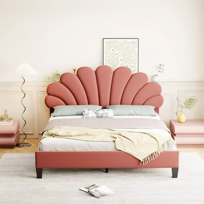 Upholstered Platform Bed with Flower Pattern Headboard