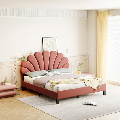 Upholstered Platform Bed with Flower Pattern Headboard