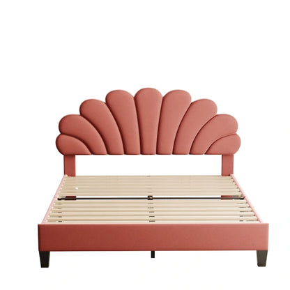 Upholstered Platform Bed with Flower Pattern Headboard