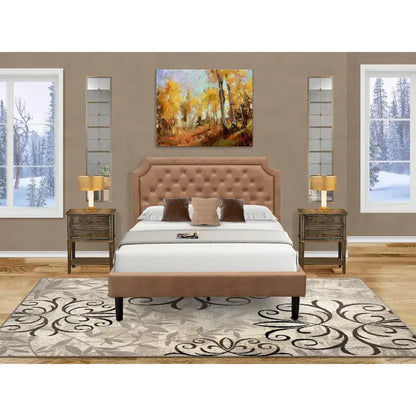 Bed Contains Brown Textured Upholstered Headboard, Footboard and Wood Rails, Slats - Wooden 9 Legs - Black Finish(Size Options)