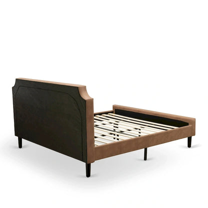 Bed Contains Brown Textured Upholstered Headboard, Footboard and Wood Rails, Slats - Wooden 9 Legs - Black Finish(Size Options)