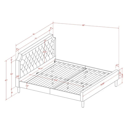 Bed Contains Brown Textured Upholstered Headboard, Footboard and Wood Rails, Slats - Wooden 9 Legs - Black Finish(Size Options)
