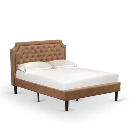 Bed Contains Brown Textured Upholstered Headboard, Footboard and Wood Rails, Slats - Wooden 9 Legs - Black Finish(Size Options)