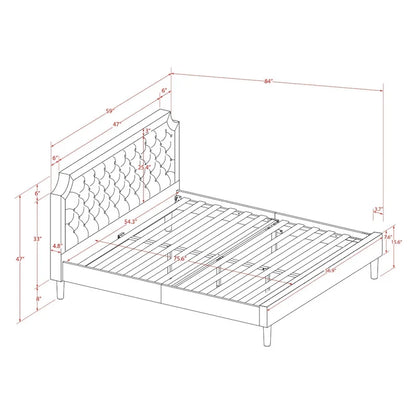 Bed Contains Brown Textured Upholstered Headboard, Footboard and Wood Rails, Slats - Wooden 9 Legs - Black Finish(Size Options)