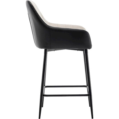 Tall Counter Height Bar Stools, 25, Mid-Back Upholstered Fabric Accent , PU Black Back, Beige Fabric, Set Of 2