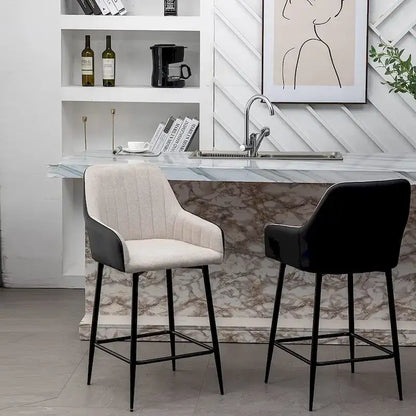 Tall Counter Height Bar Stools, 25, Mid-Back Upholstered Fabric Accent , PU Black Back, Beige Fabric, Set Of 2