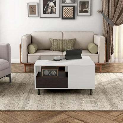 DH BASIC Modern White Square Coffee Table with 16 Colors LED Light, Shelf, and Drawer by Denhour