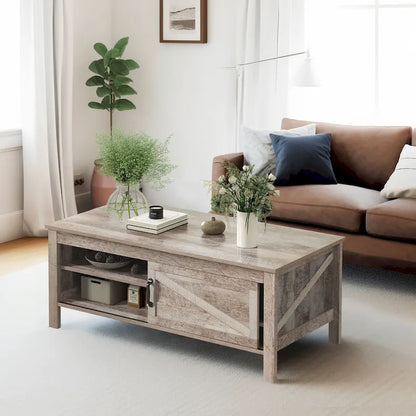 Moasis Farmhouse Rectangle Coffee Table with Adjustable Shelves and Sliding Barn Door