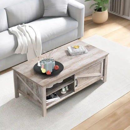 Moasis Farmhouse Rectangle Coffee Table with Adjustable Shelves and Sliding Barn Door