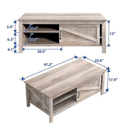 Moasis Farmhouse Rectangle Coffee Table with Adjustable Shelves and Sliding Barn Door