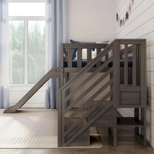 Max and Lily Classic Twin Low Loft with Stairs, Easy Slide and Curtain