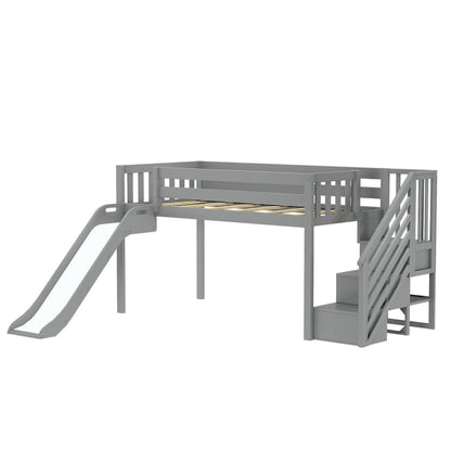 Max and Lily Classic Twin Low Loft with Stairs, Easy Slide and Curtain