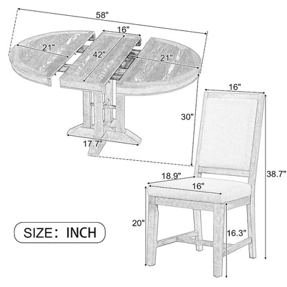 5-Piece Dining Set Extendable Round Table and 4 Upholstered Chairs Farmhouse Dining Set