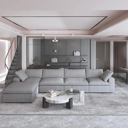 160.6 Modern Linen Sectional Sofa4-seater Modular Couch with Storage Ottoman for Living Room.