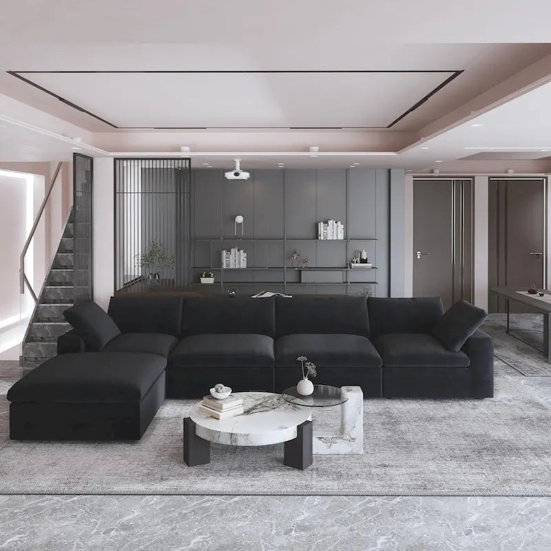 160.6 Modern Linen Sectional Sofa4-seater Modular Couch with Storage Ottoman for Living Room.