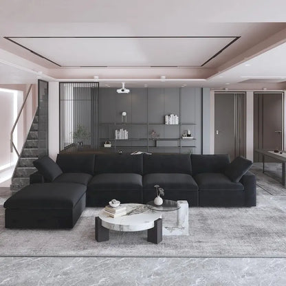 160.6 Modern Linen Sectional Sofa4-seater Modular Couch with Storage Ottoman for Living Room.