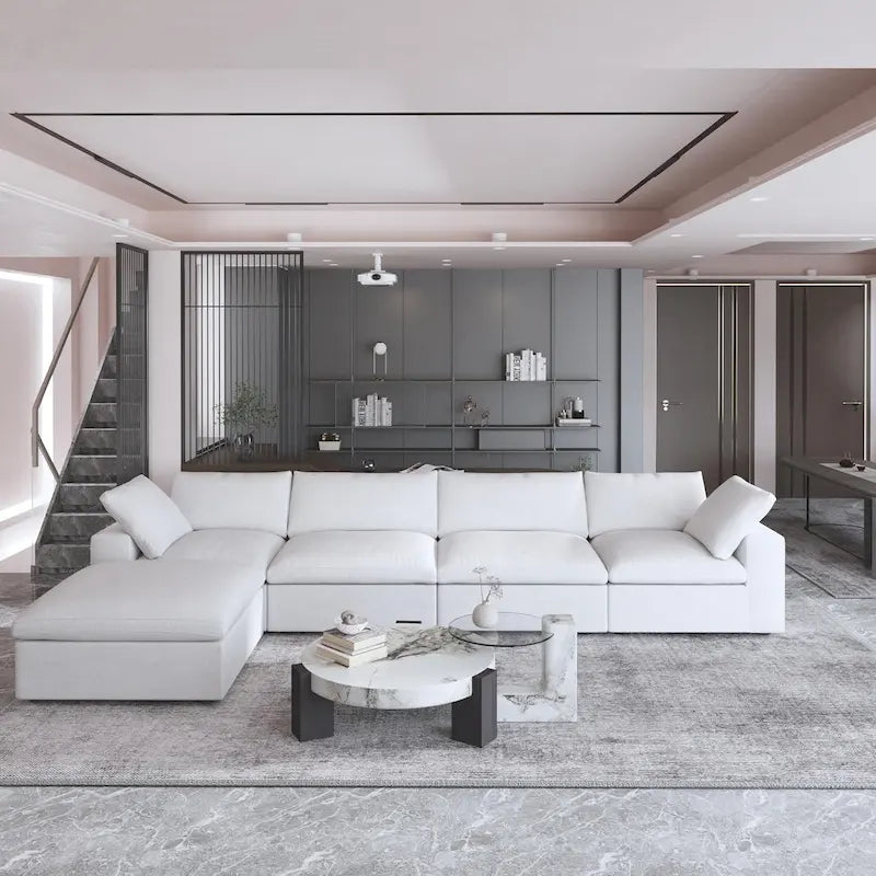 160.6 Modern Linen Sectional Sofa4-seater Modular Couch with Storage Ottoman for Living Room.