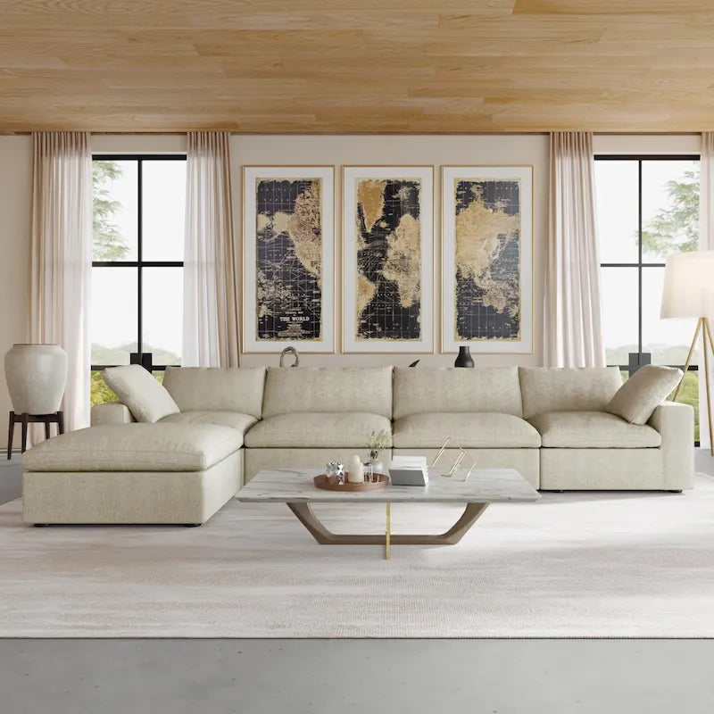 160.6 Modern Linen Sectional Sofa4-seater Modular Couch with Storage Ottoman for Living Room.