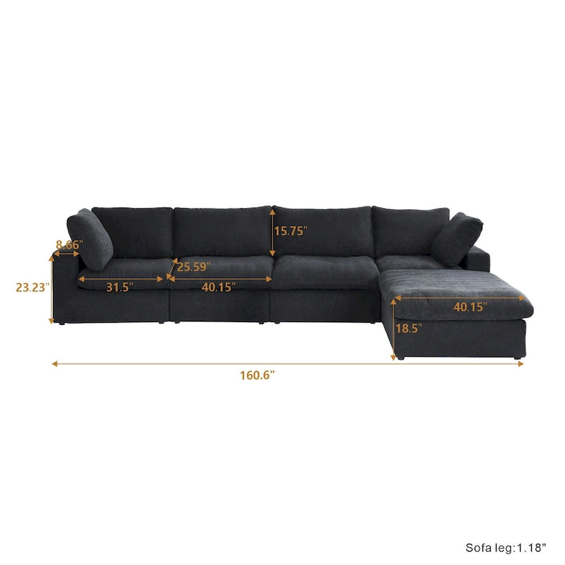 160.6 Modern Linen Sectional Sofa4-seater Modular Couch with Storage Ottoman for Living Room.