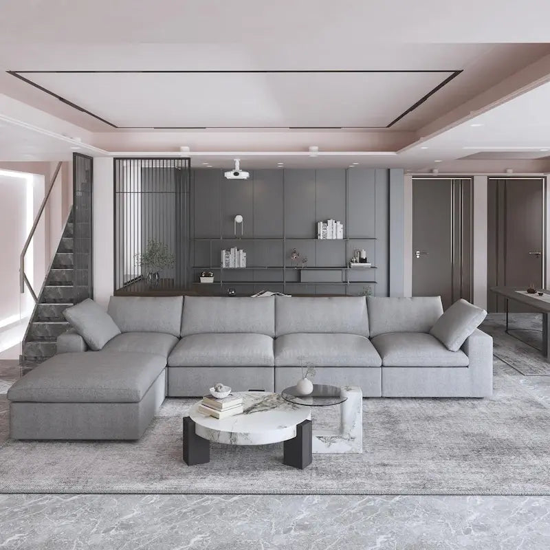 160.6 Modern Linen Sectional Sofa4-seater Modular Couch with Storage Ottoman for Living Room.