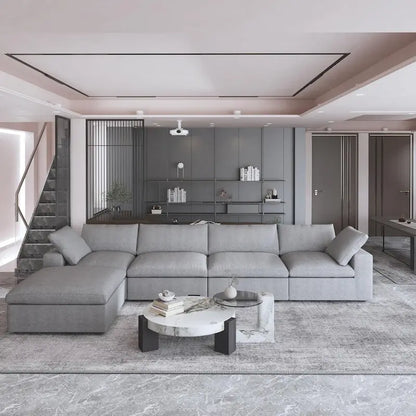 160.6 Modern Linen Sectional Sofa4-seater Modular Couch with Storage Ottoman for Living Room.