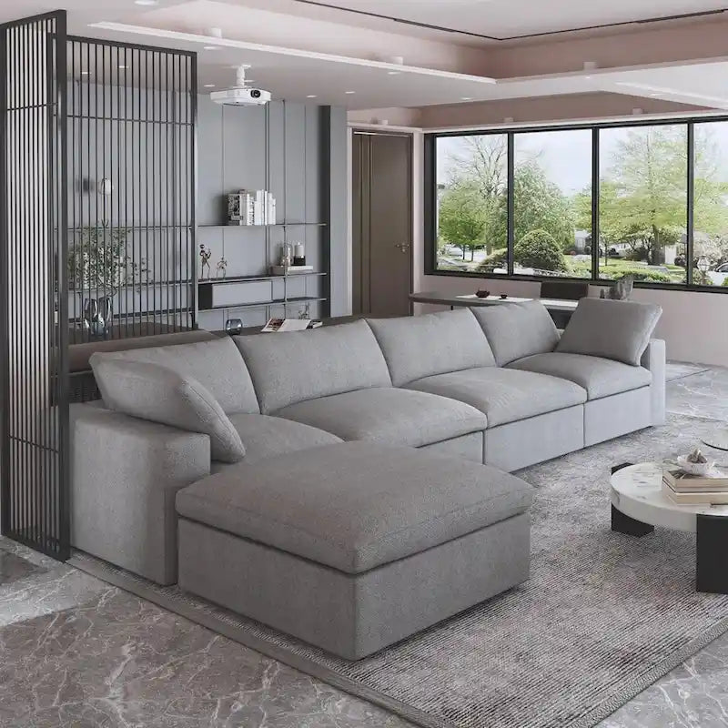 160.6 Modern Linen Sectional Sofa4-seater Modular Couch with Storage Ottoman for Living Room.