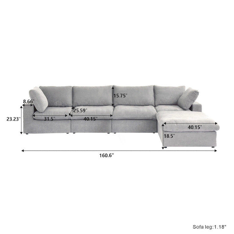 160.6 Modern Linen Sectional Sofa4-seater Modular Couch with Storage Ottoman for Living Room.