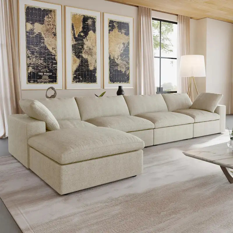 160.6 Modern Linen Sectional Sofa4-seater Modular Couch with Storage Ottoman for Living Room.